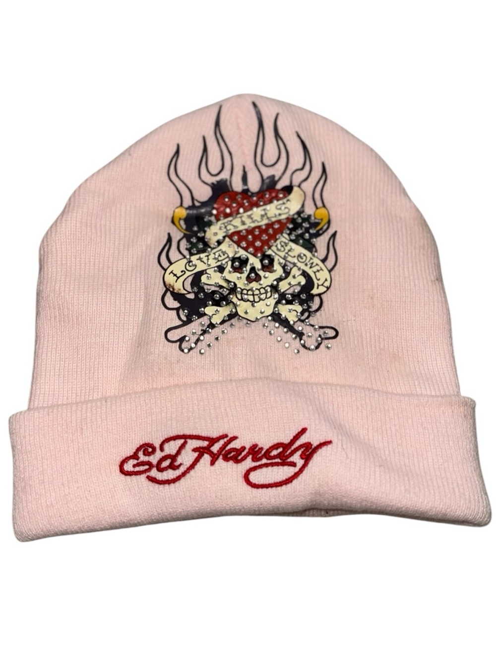 Ed Hardy pink knit beanie "Love Kills Slowly" skull and heart graphic